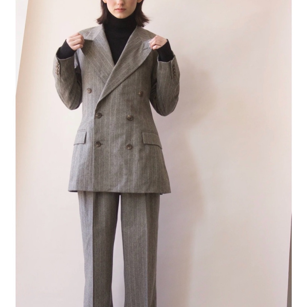 VTG 90s Ralph Lauren Chalk Pinstripe Suit chocolate  Wool Peak Lapel DBLBreasted